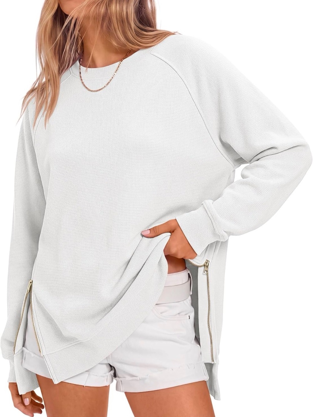 Women’s Crewneck Sweatshirt Side Zipper Accent